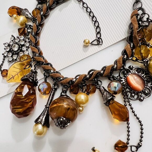 Art Glass Dangle Charm Bracelet Faux Pearl Leather Rhinestone Dangle Brown Yello - Picture 5 of 10